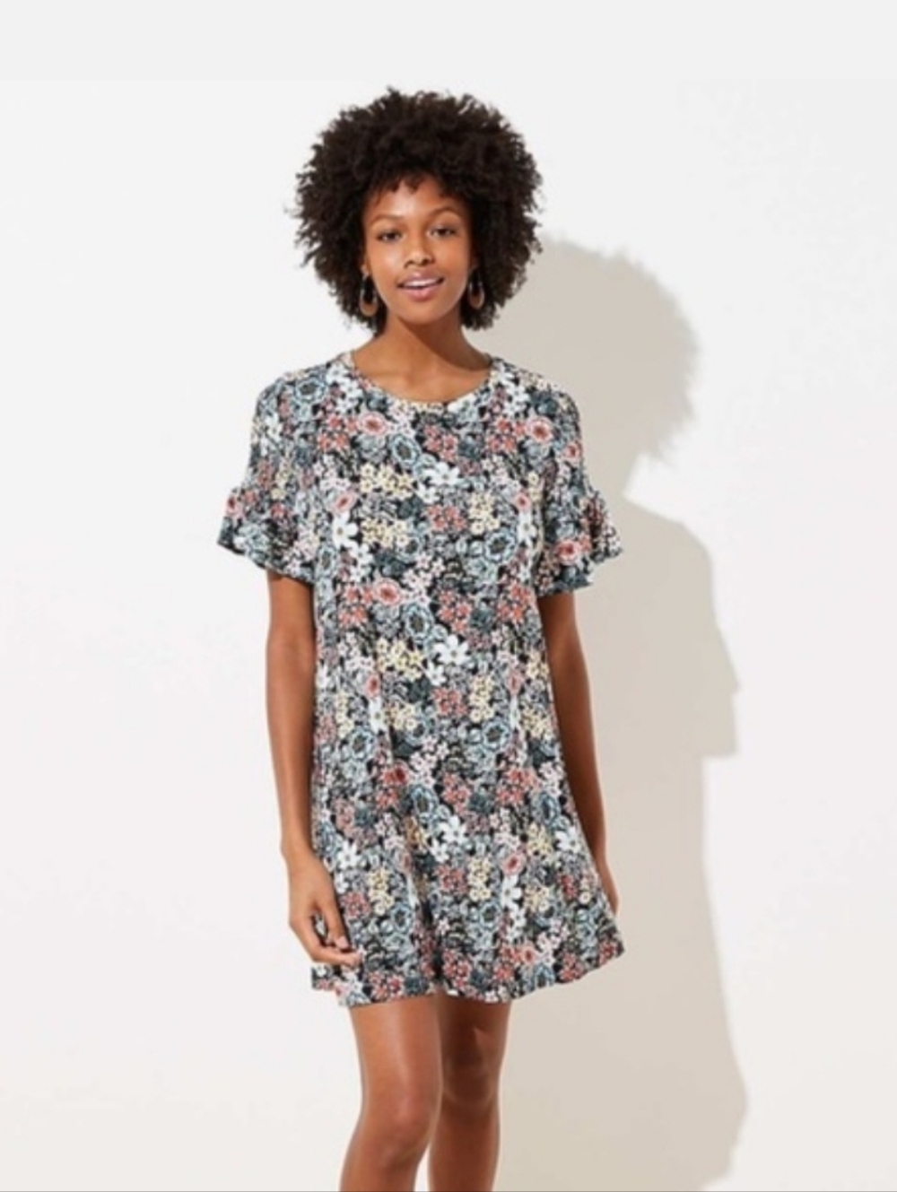 LOFT Floral Smocked Sleeve Swing Dress Black Multi Floral Size 20/22 New